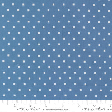 Image of A Cat Named Stitch Cosmo Blue quilting cotton fabric by Camille Roskelley for Riley Blake Designs. Features polka dot square on a blue background. Cute Little Fabric Shop.