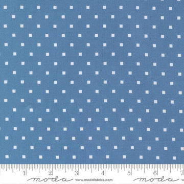 Image of A Cat Named Stitch Cosmo Blue quilting cotton fabric by Camille Roskelley for Riley Blake Designs. Features polka dot square on a blue background. Cute Little Fabric Shop.