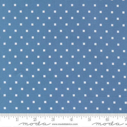Image of A Cat Named Stitch Cosmo Blue quilting cotton fabric by Camille Roskelley for Riley Blake Designs. Features polka dot square on a blue background. Cute Little Fabric Shop.
