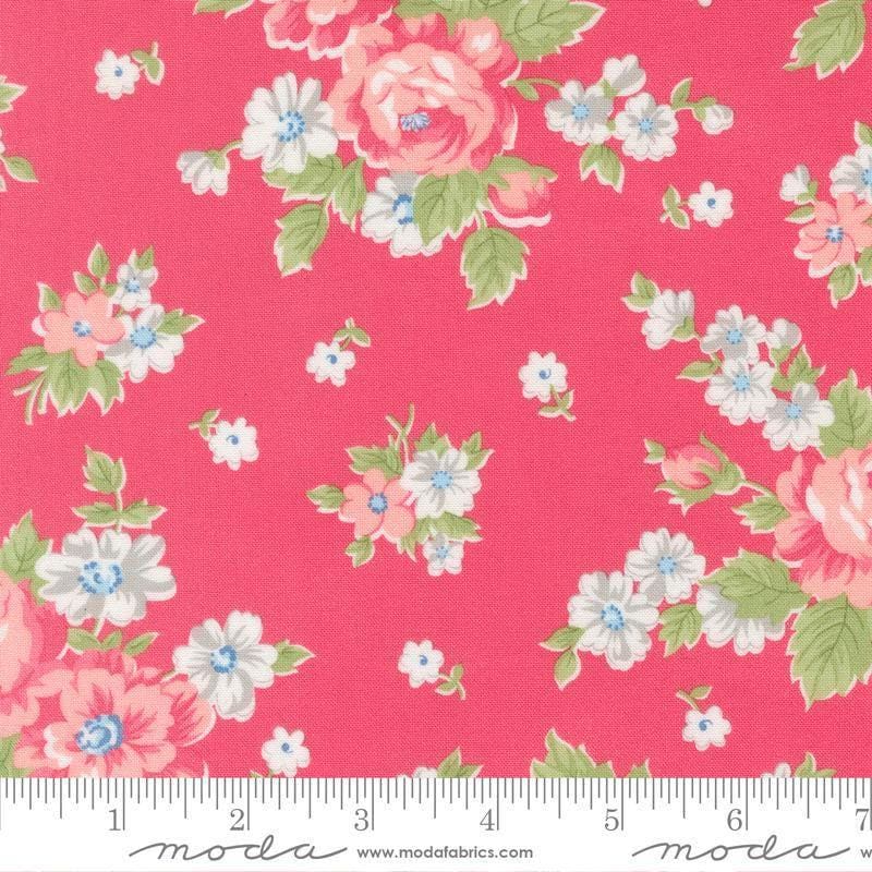 Image of A Cat Named Stitch Blooming Florals Rosie quilting cotton fabric by Camille Roskelley for Riley Blake Designs. Features flowers on a pink background. Cute Little Fabric Shop.