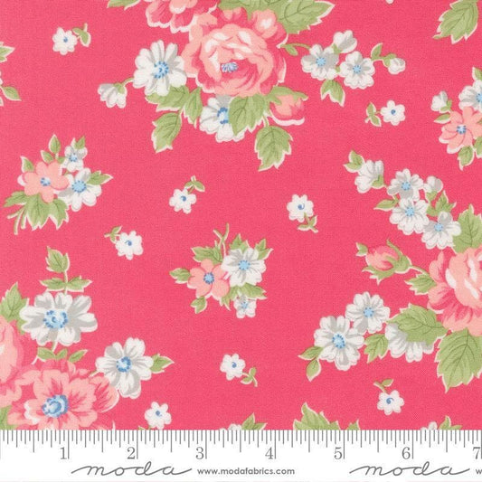 Image of A Cat Named Stitch Blooming Florals Rosie quilting cotton fabric by Camille Roskelley for Riley Blake Designs. Features flowers on a pink background. Cute Little Fabric Shop.