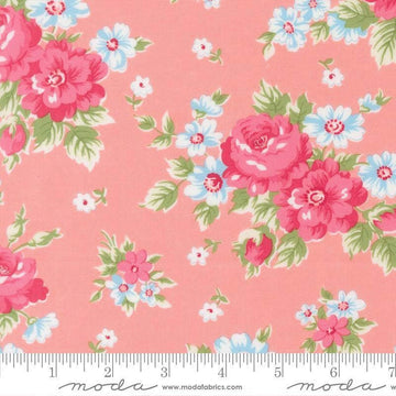 Image of A Cat Named Stitch Blooming Florals Blush quilting cotton fabric by Camille Roskelley for Riley Blake Designs. Features flowers on a pink background. Cute Little Fabric Shop.
