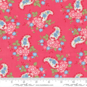 Image of A Cat Named Stitch Paisley Rosie quilting cotton fabric by Camille Roskelley for Riley Blake Designs. Features paisley and flowers on a pink background. Cute Little Fabric Shop.