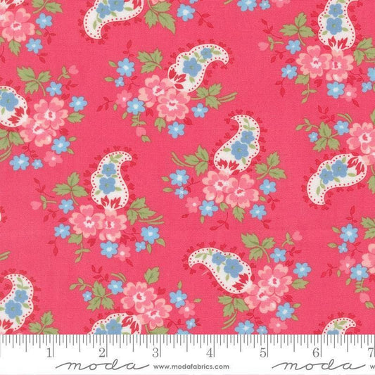 Image of A Cat Named Stitch Paisley Rosie quilting cotton fabric by Camille Roskelley for Riley Blake Designs. Features paisley and flowers on a pink background. Cute Little Fabric Shop.
