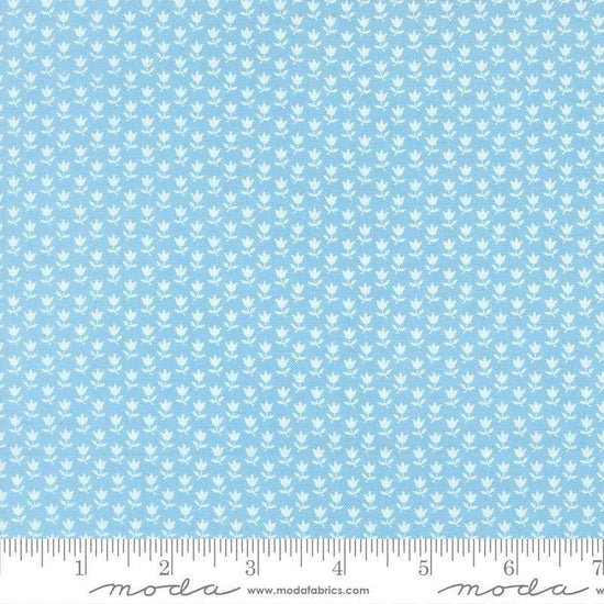 Image of A Cat Named Stitch June Sky quilting cotton fabric by Camille Roskelley for Riley Blake Designs. Features flowers on a blue background. Cute Little Fabric Shop.