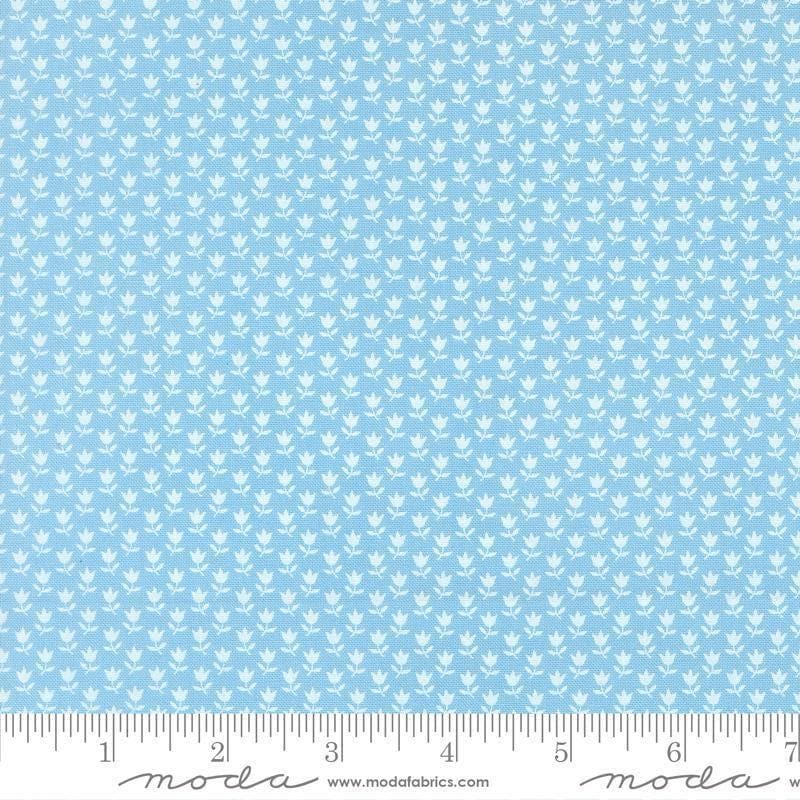 Image of A Cat Named Stitch June Sky quilting cotton fabric by Camille Roskelley for Riley Blake Designs. Features flowers on a blue background. Cute Little Fabric Shop.