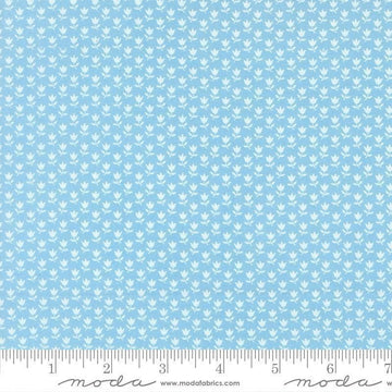 Image of A Cat Named Stitch June Sky quilting cotton fabric by Camille Roskelley for Riley Blake Designs. Features flowers on a blue background. Cute Little Fabric Shop.