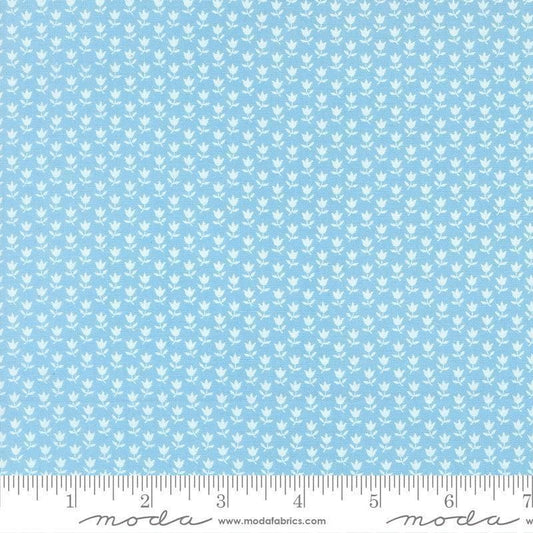 Image of A Cat Named Stitch June Sky quilting cotton fabric by Camille Roskelley for Riley Blake Designs. Features flowers on a blue background. Cute Little Fabric Shop.