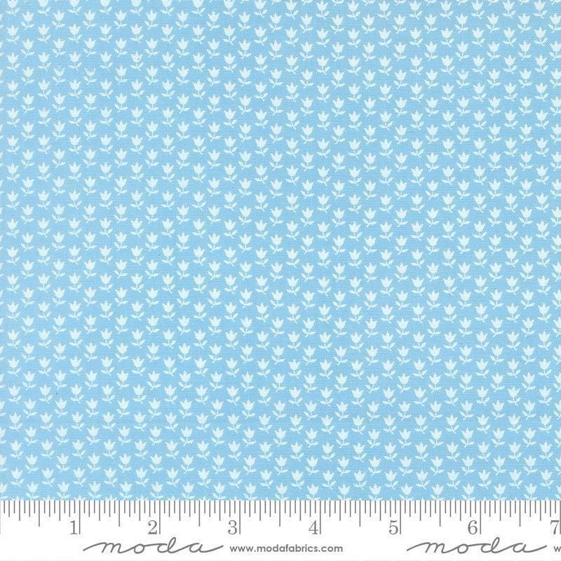 Image of A Cat Named Stitch June Sky quilting cotton fabric by Camille Roskelley for Riley Blake Designs. Features flowers on a blue background. Cute Little Fabric Shop.