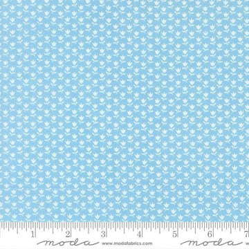 Image of A Cat Named Stitch June Sky quilting cotton fabric by Camille Roskelley for Riley Blake Designs. Features flowers on a blue background. Cute Little Fabric Shop.