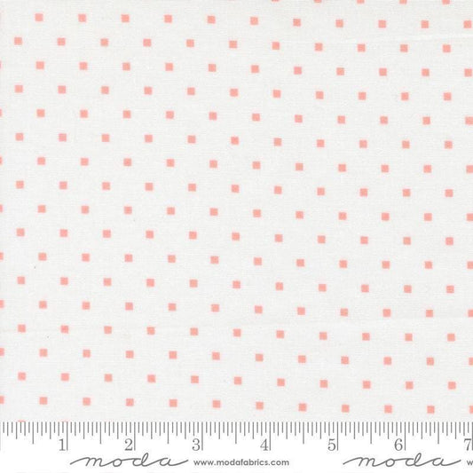 Image of A Cat Named Stitch Cosmo Cream Blush quilting cotton fabric by Camille Roskelley for Riley Blake Designs. Features polka dot square on a cream background. Cute Little Fabric Shop.