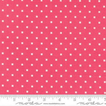 Image of A Cat Named Stitch Cosmo Rosie quilting cotton fabric by Camille Roskelley for Riley Blake Designs. Features polka dot squares on a pink background. Cute Little Fabric Shop.