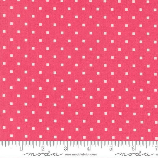 Image of A Cat Named Stitch Cosmo Rosie quilting cotton fabric by Camille Roskelley for Riley Blake Designs. Features polka dot squares on a pink background. Cute Little Fabric Shop.