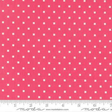 Image of A Cat Named Stitch Cosmo Rosie quilting cotton fabric by Camille Roskelley for Riley Blake Designs. Features polka dot squares on a pink background. Cute Little Fabric Shop.