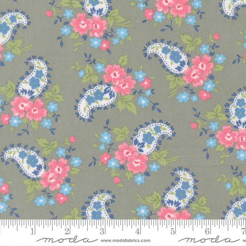Image of A Cat Named Stitch Paisley Grey quilting cotton fabric by Camille Roskelley for Riley Blake Designs. Features paisley and flowers on a gray background. Cute Little Fabric Shop.
