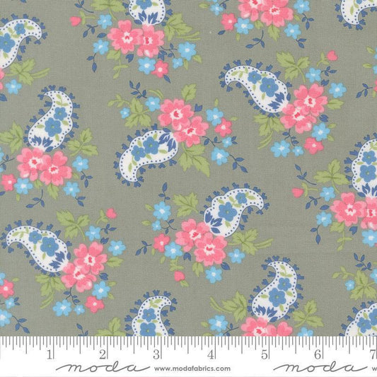 Image of A Cat Named Stitch Paisley Grey quilting cotton fabric by Camille Roskelley for Riley Blake Designs. Features paisley and flowers on a gray background. Cute Little Fabric Shop.