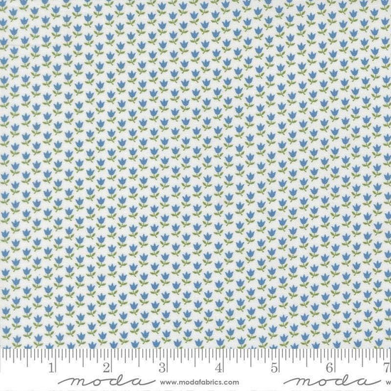 Image of A Cat Named Stitch June Cream Blue quilting cotton fabric by Camille Roskelley for Riley Blake Designs. Features flowers on a cream background. Cute Little Fabric Shop.