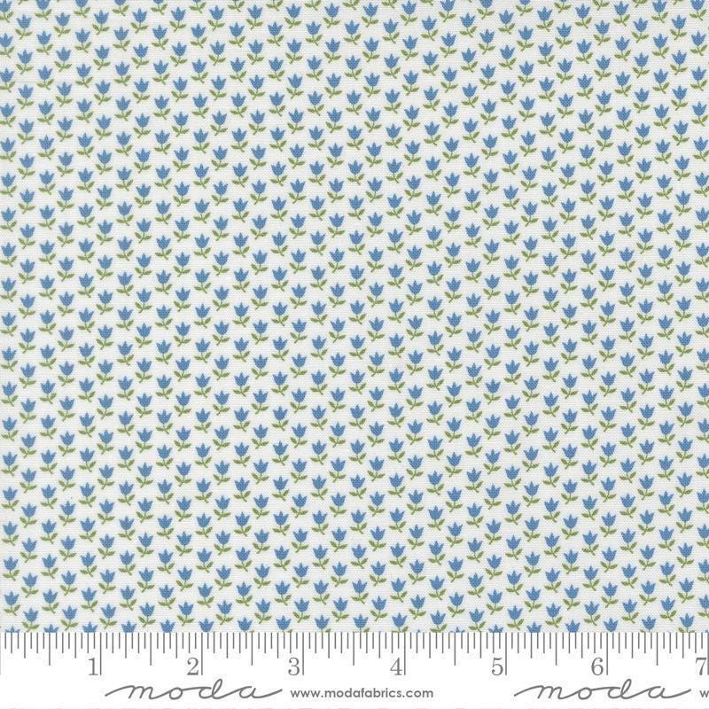 Image of A Cat Named Stitch June Cream Blue quilting cotton fabric by Camille Roskelley for Riley Blake Designs. Features flowers on a cream background. Cute Little Fabric Shop.