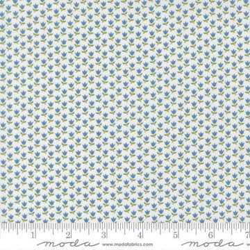 Image of A Cat Named Stitch June Cream Blue quilting cotton fabric by Camille Roskelley for Riley Blake Designs. Features flowers on a cream background. Cute Little Fabric Shop.