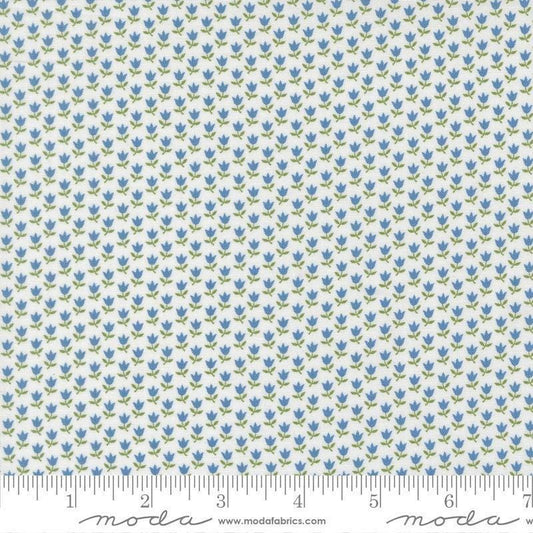 Image of A Cat Named Stitch June Cream Blue quilting cotton fabric by Camille Roskelley for Riley Blake Designs. Features flowers on a cream background. Cute Little Fabric Shop.
