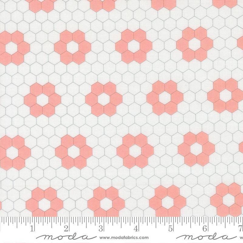 Image of A Cat Named Stitch Hexagons Cream Blush quilting cotton fabric by Camille Roskelley for Riley Blake Designs. Features hexagons on a cream background. Cute Little Fabric Shop.