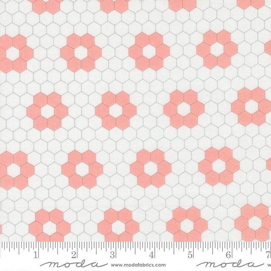 Image of A Cat Named Stitch Hexagons Cream Blush quilting cotton fabric by Camille Roskelley for Riley Blake Designs. Features hexagons on a cream background. Cute Little Fabric Shop.