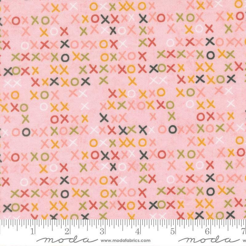 Image of Fieldrush Larkspur Peony quilting cotton fabric by Basic Grey for Moda Fabrics. Features Xs on a pink background. Cute Little Fabric Shop.