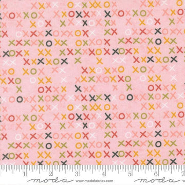 Image of Fieldrush Larkspur Peony quilting cotton fabric by Basic Grey for Moda Fabrics. Features Xs on a pink background. Cute Little Fabric Shop.