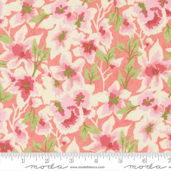 Image of Fieldrush Gossamer Peony quilting cotton fabric by Basic Grey for Moda Fabrics. Features flowers on a pink background. Cute Little Fabric Shop.
