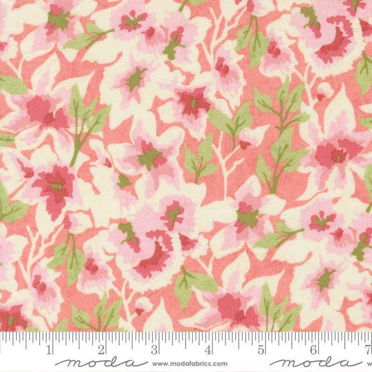 Image of Fieldrush Gossamer Peony quilting cotton fabric by Basic Grey for Moda Fabrics. Features flowers on a pink background. Cute Little Fabric Shop.