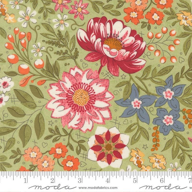 Image of Fieldrush Covent Moss quilting cotton fabric by Basic Grey for Moda Fabrics. Features flowers on a green background. Cute Little Fabric Shop.