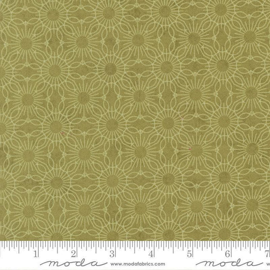 Image of Fieldrush Jasmine Moss quilting cotton fabric by Basic Grey for Moda Fabrics. Features flowers on a green background. Cute Little Fabric Shop.
