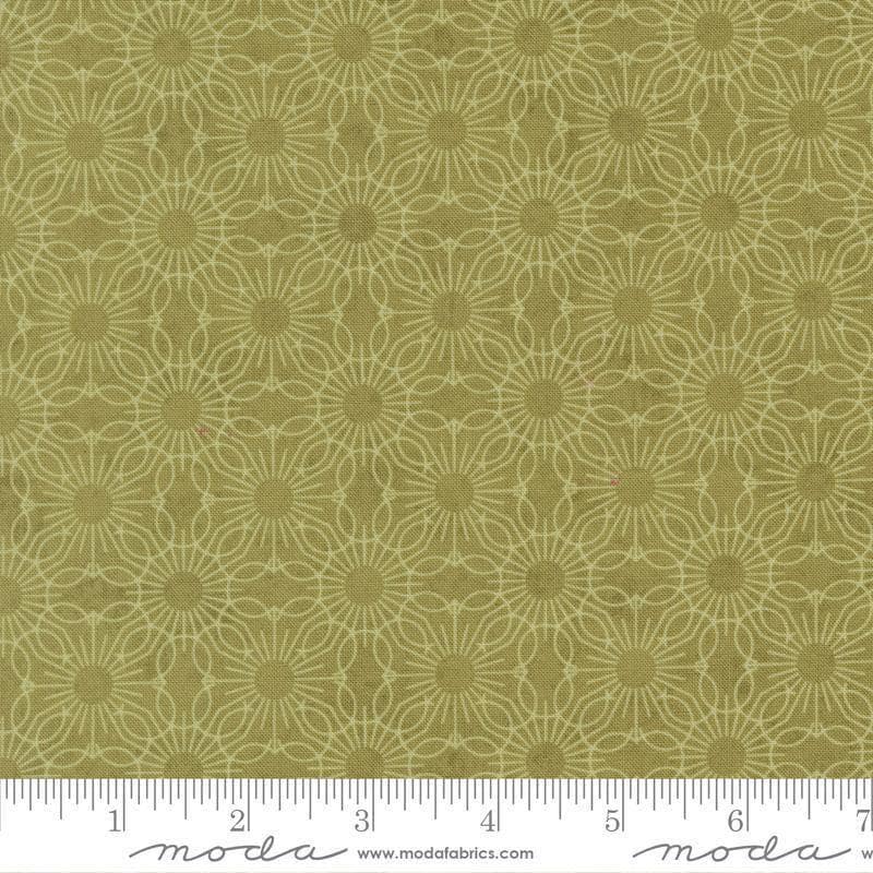 Image of Fieldrush Jasmine Moss quilting cotton fabric by Basic Grey for Moda Fabrics. Features flowers on a green background. Cute Little Fabric Shop.
