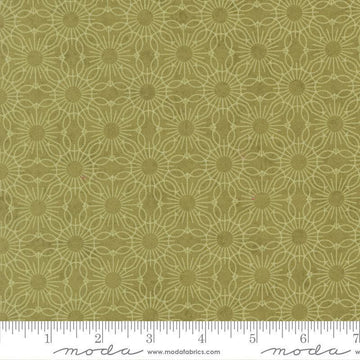 Image of Fieldrush Jasmine Moss quilting cotton fabric by Basic Grey for Moda Fabrics. Features flowers on a green background. Cute Little Fabric Shop.