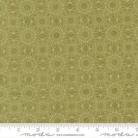 Image of Fieldrush Jasmine Moss quilting cotton fabric by Basic Grey for Moda Fabrics. Features flowers on a green background. Cute Little Fabric Shop.