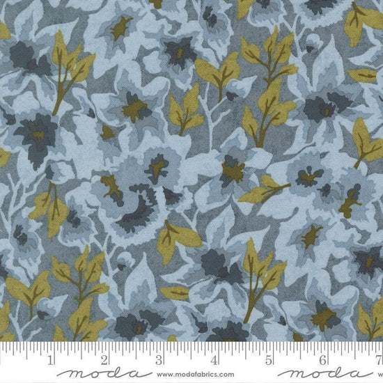 Image of Fieldrush Gossamer Bramble quilting cotton fabric by Basic Grey for Moda Fabrics. Features flowers on a blue background. Cute Little Fabric Shop.