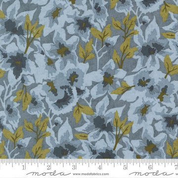 Image of Fieldrush Gossamer Bramble quilting cotton fabric by Basic Grey for Moda Fabrics. Features flowers on a blue background. Cute Little Fabric Shop.