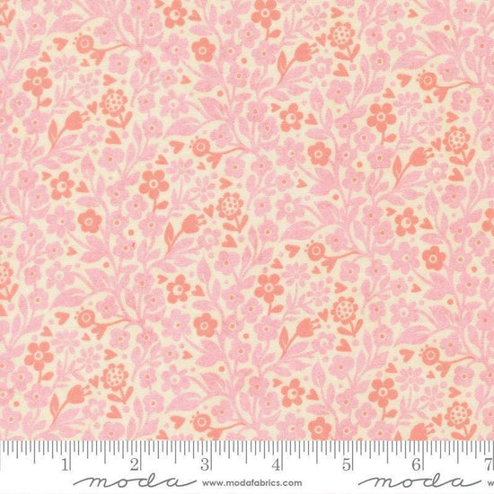 Image of Fieldrush Ivy Peony quilting cotton fabric by Basic Grey for Moda Fabrics. Features flowers on a pink background. Cute Little Fabric Shop.