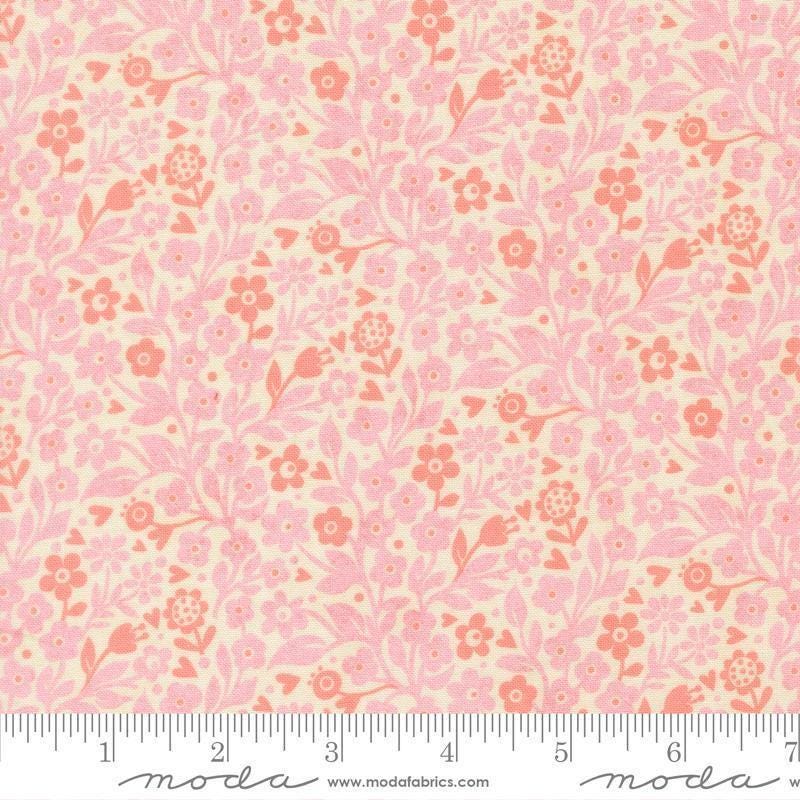 Image of Fieldrush Ivy Peony quilting cotton fabric by Basic Grey for Moda Fabrics. Features flowers on a pink background. Cute Little Fabric Shop.