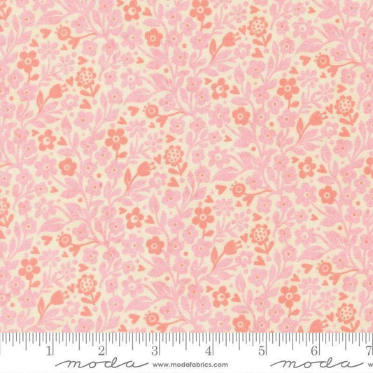 Image of Fieldrush Ivy Peony quilting cotton fabric by Basic Grey for Moda Fabrics. Features flowers on a pink background. Cute Little Fabric Shop.