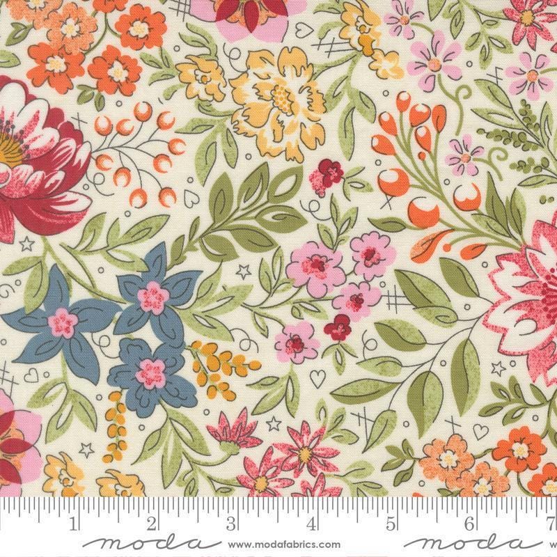 Image of Fieldrush Covent Opal quilting cotton fabric by Basic Grey for Moda Fabrics. Features flowers on a cream background. Cute Little Fabric Shop.
