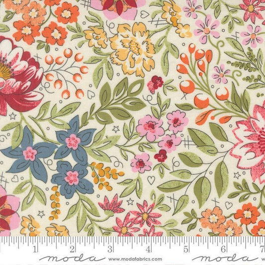 Image of Fieldrush Covent Opal quilting cotton fabric by Basic Grey for Moda Fabrics. Features flowers on a cream background. Cute Little Fabric Shop.