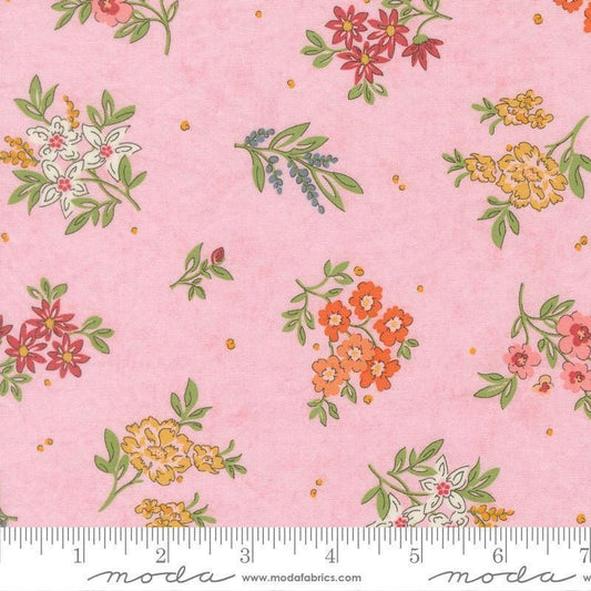 Image of Fieldrush Camellia Peony quilting cotton fabric by Basic Grey for Moda Fabrics. Features flowers on a pink background. Cute Little Fabric Shop.