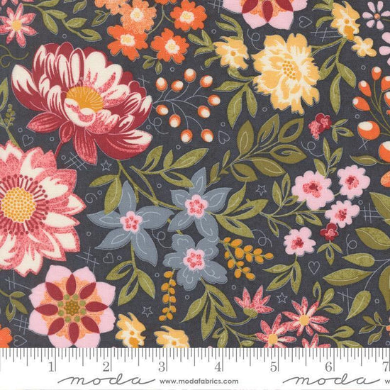 Image of Fieldrush Covent Portobello quilting cotton fabric by Basic Grey for Moda Fabrics. Features flowers on a blue background. Cute Little Fabric Shop.