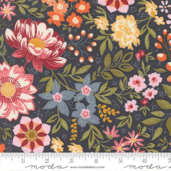 Image of Fieldrush Covent Portobello quilting cotton fabric by Basic Grey for Moda Fabrics. Features flowers on a blue background. Cute Little Fabric Shop.