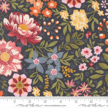 Image of Fieldrush Covent Portobello quilting cotton fabric by Basic Grey for Moda Fabrics. Features flowers on a blue background. Cute Little Fabric Shop.