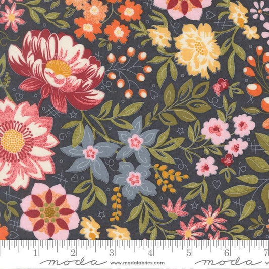 Image of Fieldrush Covent Portobello quilting cotton fabric by Basic Grey for Moda Fabrics. Features flowers on a blue background. Cute Little Fabric Shop.