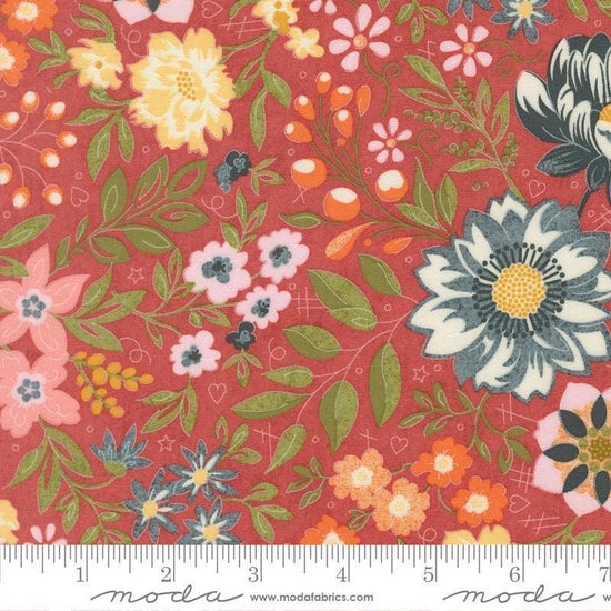 Image of Fieldrush Covent Rosy quilting cotton fabric by Basic Grey for Moda Fabrics. Features flowers on a red background. Cute Little Fabric Shop.
