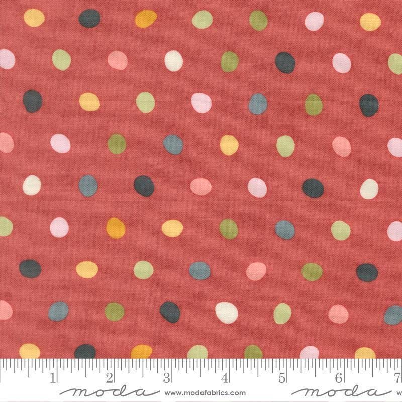 Image of Fieldrush Poppy Azalea quilting cotton fabric by Basic Grey for Moda Fabrics. Features dots on a red background. Cute Little Fabric Shop.