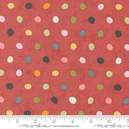 Image of Fieldrush Poppy Azalea quilting cotton fabric by Basic Grey for Moda Fabrics. Features dots on a red background. Cute Little Fabric Shop.